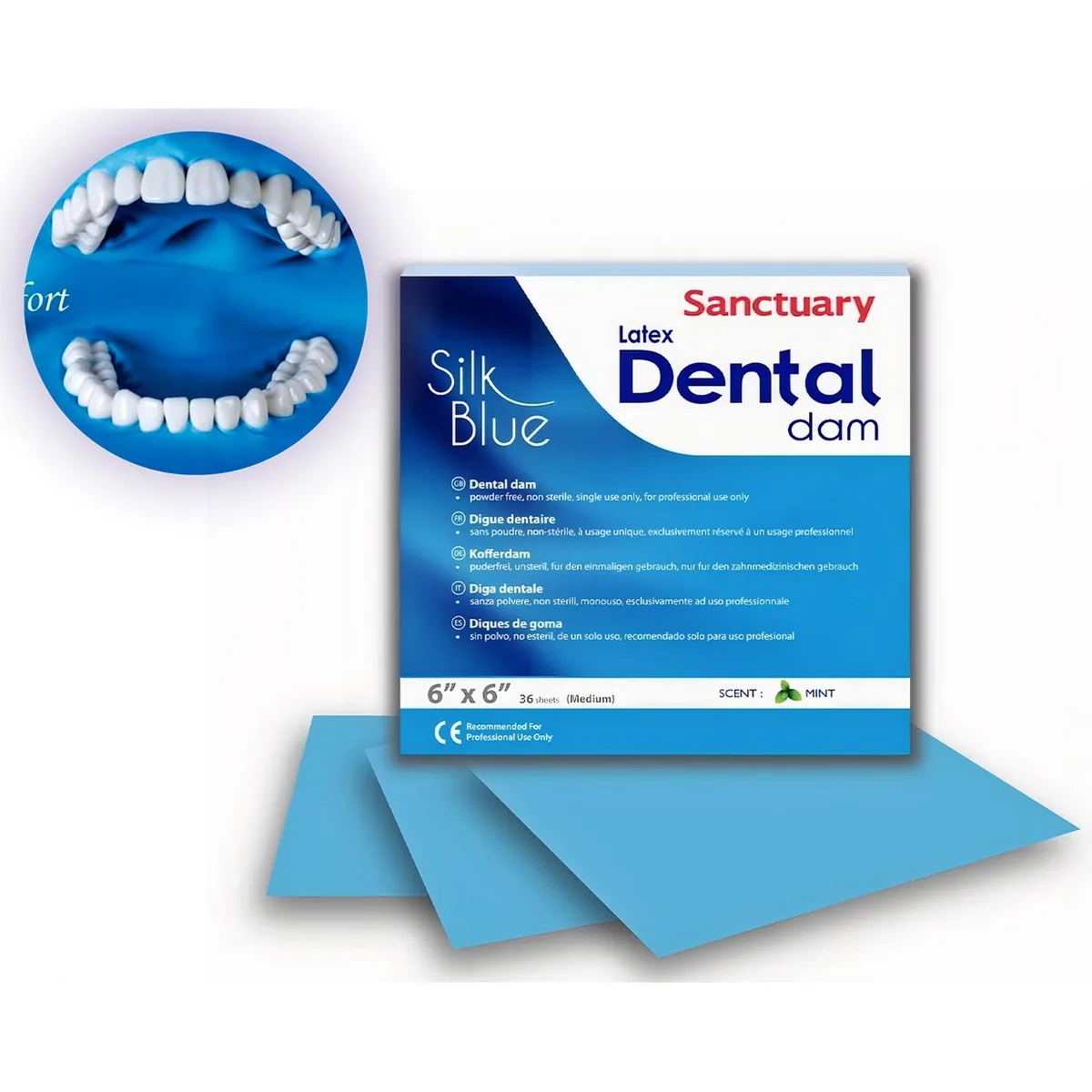 Коффердам латексний блакитні - медіум, Sanctuary Dental Dam Silk Blue 152х152 мм, 36 шт (блакитний, м'ятний)