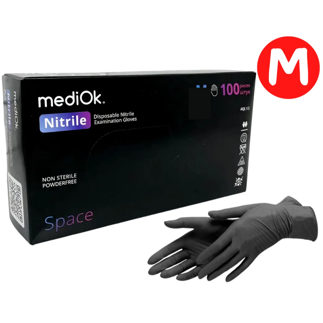 Рукавички нітрилові MediOk Space Black (Спейс Блек), чорні, розмір M, 100 шт. (AMPri)