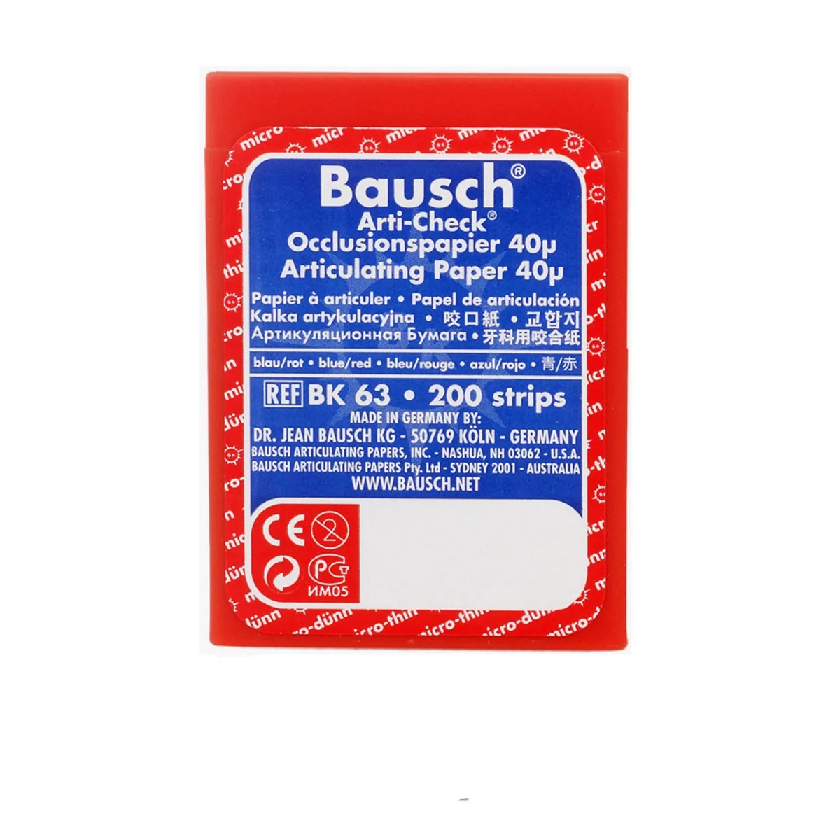 Bausch 40мкм ВК63 - Оклюзійна папір / пластиковий корпус / 200 смужок, дугоподібна