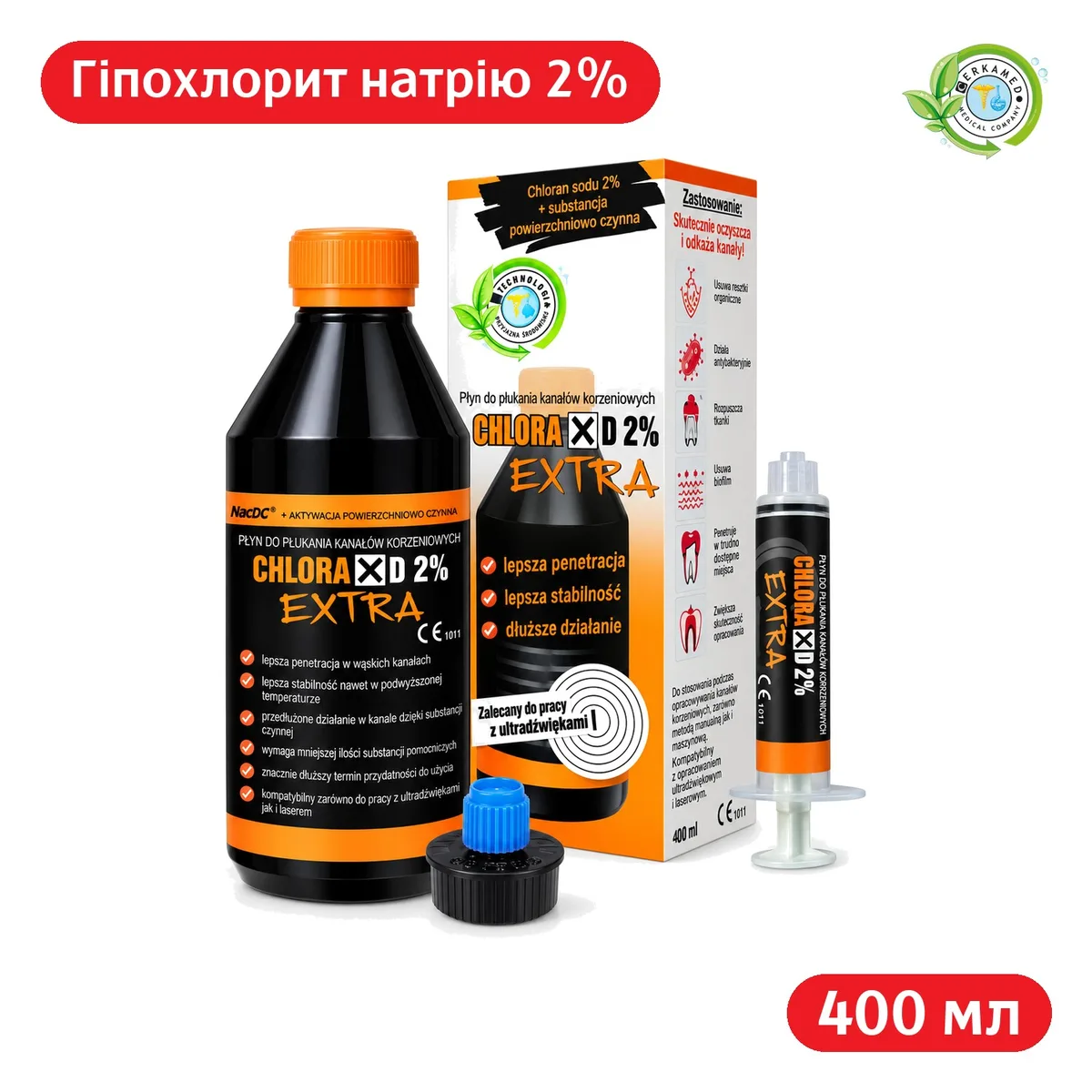 Гіпохлорит натрію 2% ChloraXD Extra (ХлораКсД Екстра), іригант для кореневих каналів, 400 мл (Cerkamed)